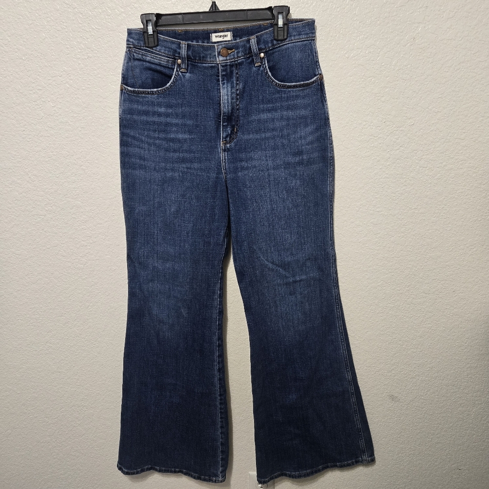 Wrangler Fly High Rise Flare Stretch Jean dark wash blue denim